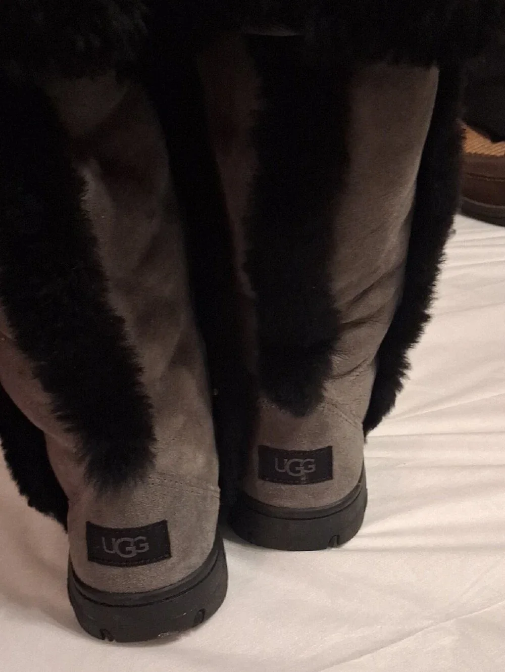 UGGS Gray Suede Tall Winter Boots with Black Fur Trim